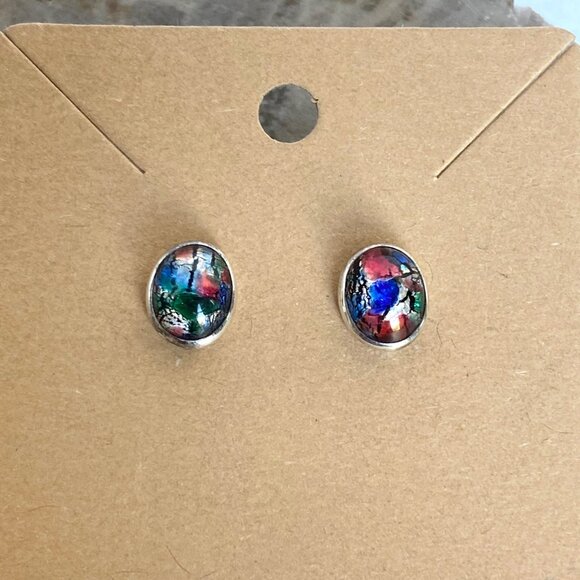 Sterling Silver 925 Dainty Oval Dichroic Glass Cabochon Stud Earrings - Picture 13 of 16